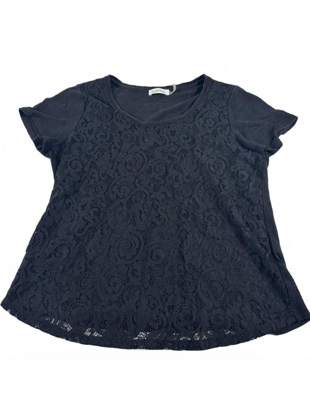 Calvin Klein Women's Black Lace Knit Short Sleeve Top Size Likely M